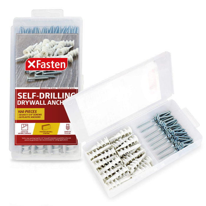 XFasten Plastic Self Drilling Drywall Anchors with Screws Kit (100 Pieces)