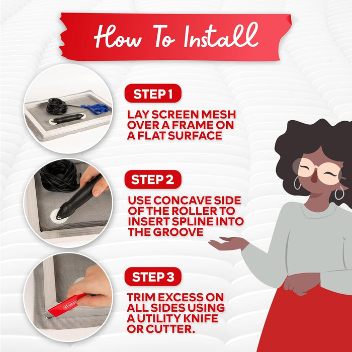 XFasten Window Screen Repair Kit 59" x 106" Fiberglass Screen Mesh, Rolling Tool and Retainer Spline for Window Screen Repair | Patio Screen Door Replacement Screen Door Repair Kit with Rolling Tool
