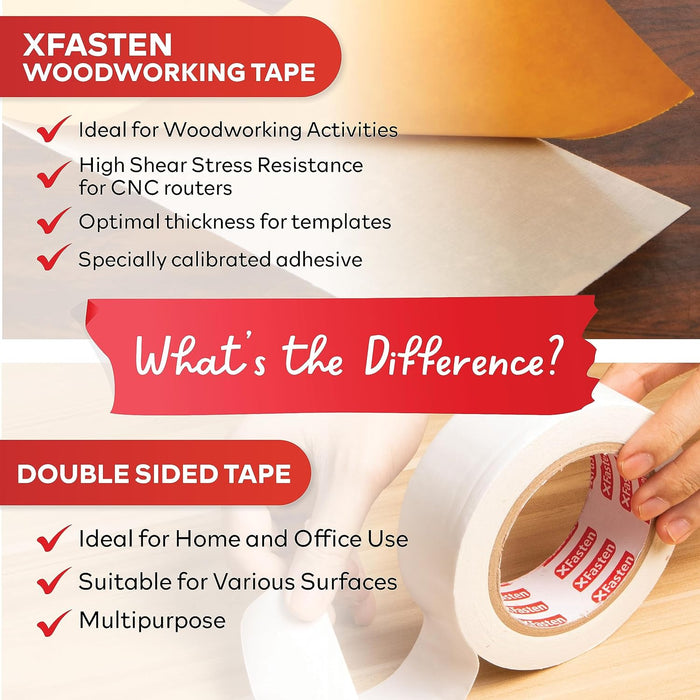 XFasten Bulk Double Sided Woodworking Tape 1-inch 1,296-Feet Total (12-Pack) Residue-Free Woodworking Tool for CNC Routing Machine, Removable Double Sided Tape for Woodworking Router Template