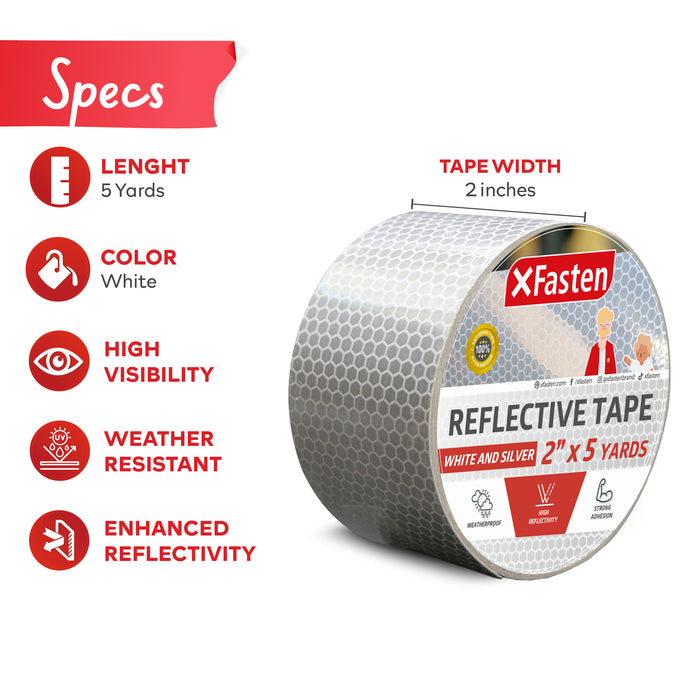 XFasten Reflective Tape, White and Silver, 2 Inches by 5 Yards