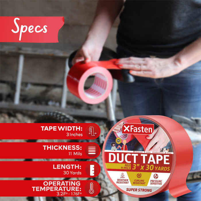XFasten Super Strength Duct Tape, Red, 3" x 30 Yards, Indoor and Outdoor Duct Tape for School and Industrial Use- Waterproof and Weatherproof