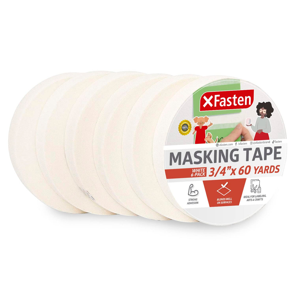 XFasten Professional White Masking Tape 3/4 Inches x 60 Yards 6-Pa