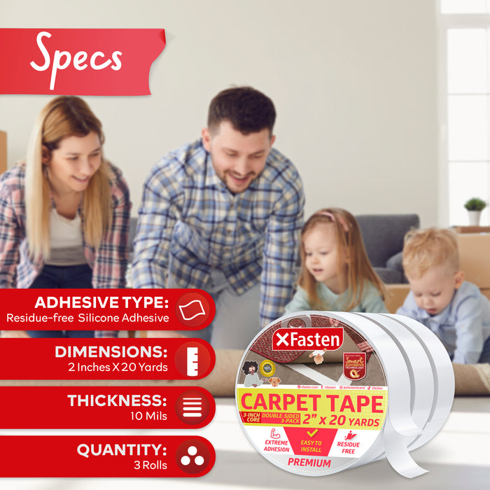 XFasten Double Sided Tape Carpet Tape | 2 Inches x 20 Yards | 3-Pack