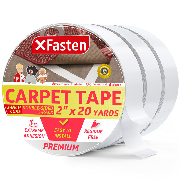 XFasten Double Sided Tape Carpet Tape | 2 Inches x 20 Yards | 3-Pack