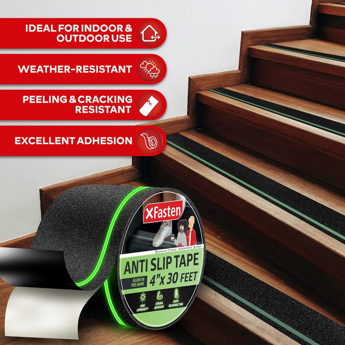 XFasten Anti Slip Tape with Green Glow in the Dark Strip 4” x 30ft Outdoor Stair Treads Waterproof Non-Slip Grip Tape for Stairs Tread Tape, Anti Skid for Steps Outdoor Step Grips Safety Traction Tape