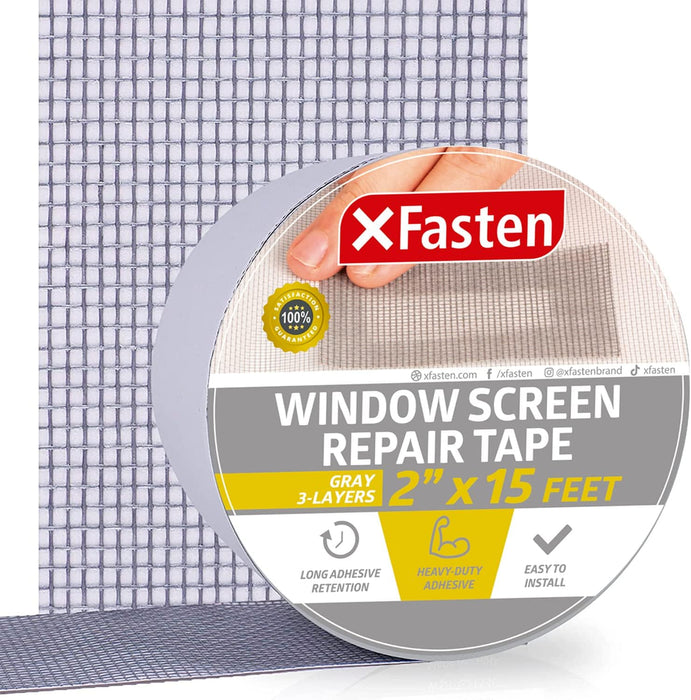XFasten Window Screen Repair Tape for Windows or Doors- 2" x 15 Feet (3 Layers), Gray