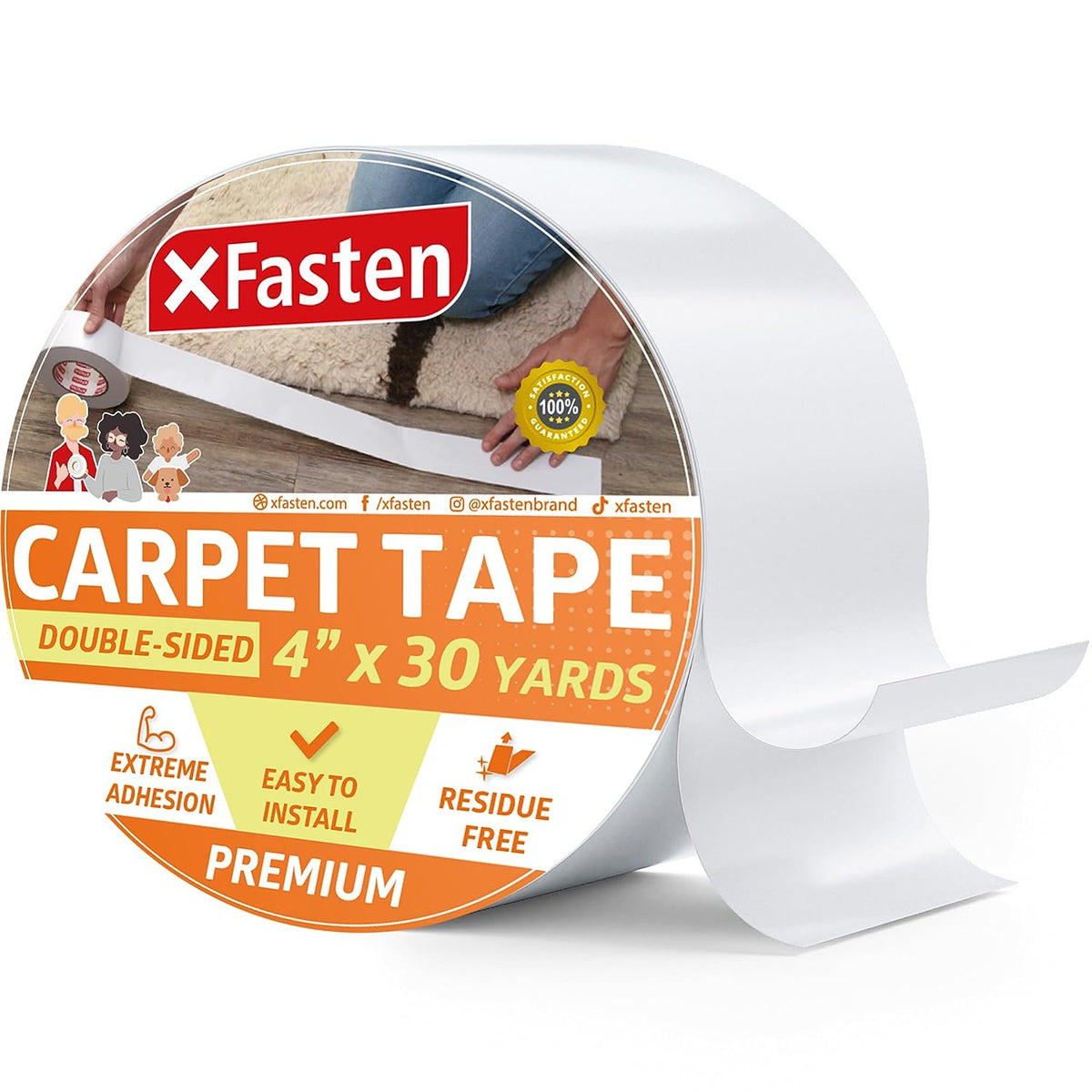 XFasten Double Sided Carpet Tape for Area Rugs and Carpets, Removable, 4 Inches x 30 Yards Super Strong and Heavy-Duty Rug Tape for Carpet to Floor