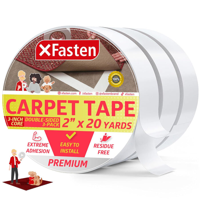 XFasten Double Sided Tape Carpet Tape | 2 Inches x 20 Yards | 3-Pack