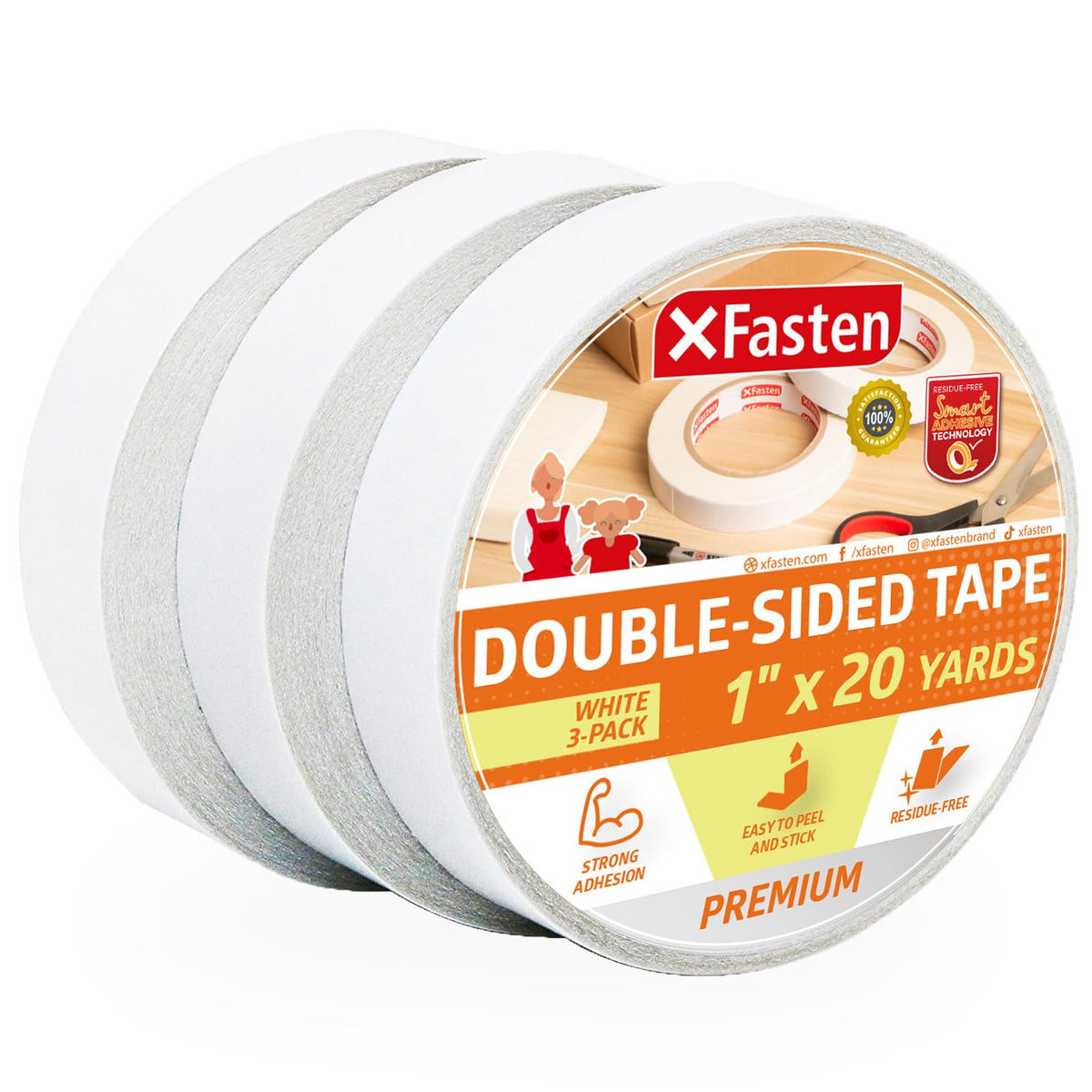 XFasten Double Sided Tape, 1 Inch x 20 Yards, White