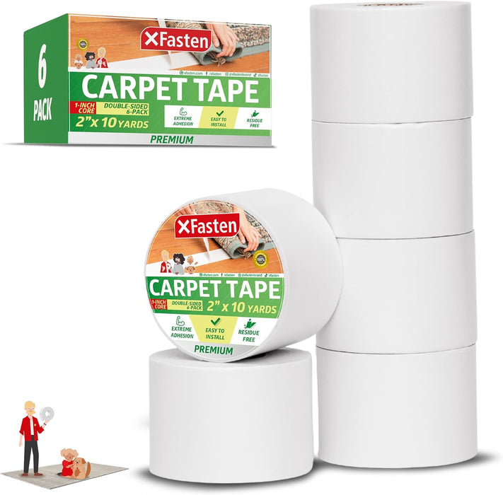 XFasten Double Sided Carpet Tape for Area Rugs - Heavy Duty Residue-Free Rug Tape for Area Rugs and Hardwood Floors, Indoor and Outdoor - 2 Inch by 10 Yards (6-Pack / 180-feet Total)