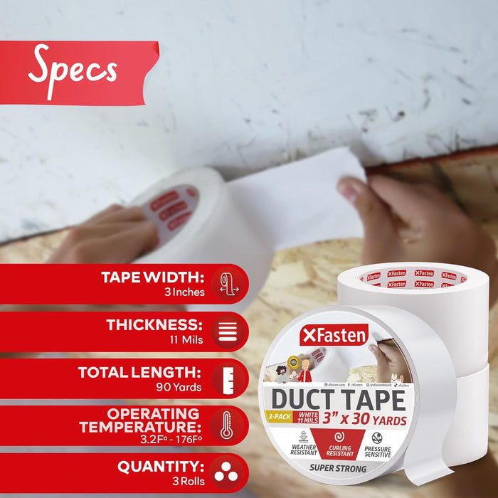 XFasten Super Strong White Duct Tape 3 Inch x 30 Yards 3-Pack (90Yds Total) White Outdoor Tape White Duct Tape Heavy Duty Waterproof, Easy to Tear Travel Duct Tape Bulk for Smooth and Rough Surfaces