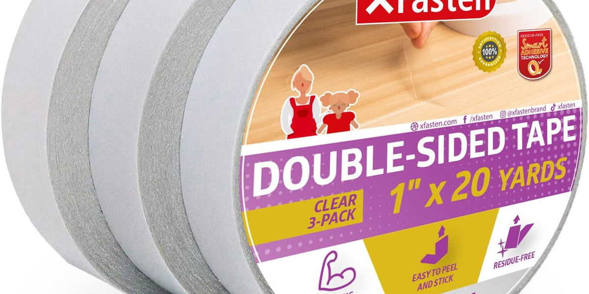 XFasten Double Sided Tape Clear Removable 1-Inch by 20-Yards Pack of 3 Ideal As A Gift Wrap Tape Holding Carpets and Woodworking