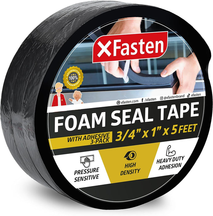 XFasten Foam Seal Tape |  3/4" Thick | 1 Inch X 5 Foot | 3-Pack | Black
