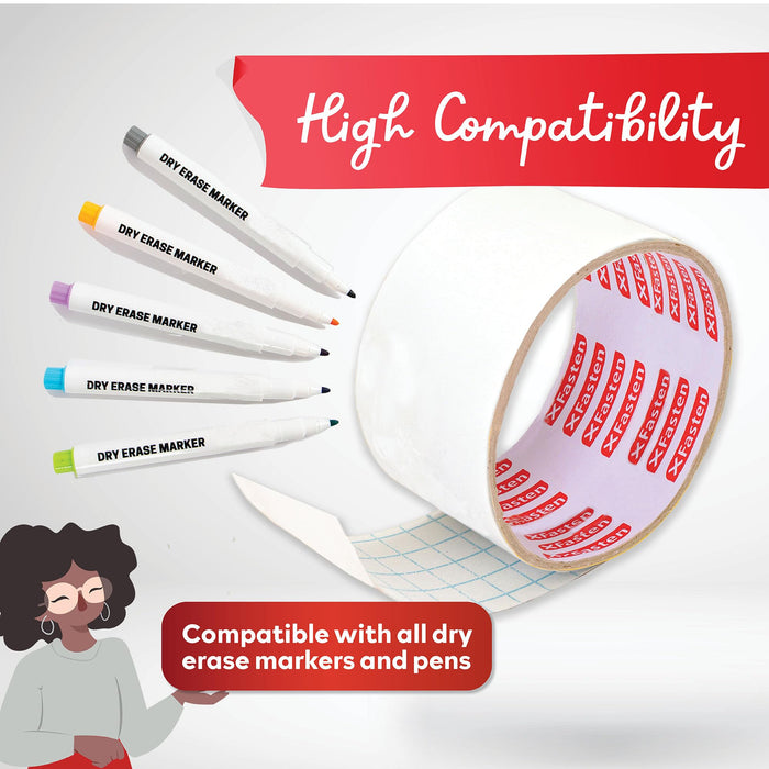 XFasten Dry Erase Tape White 2-Inch x 30-Feet (3-Pack 90 Feet Total) Zero Smudging Ghosting-Free Whiteboard Tape, Reusable Dry Erase Labels for Storage Bins, Sentence Strips for Teachers