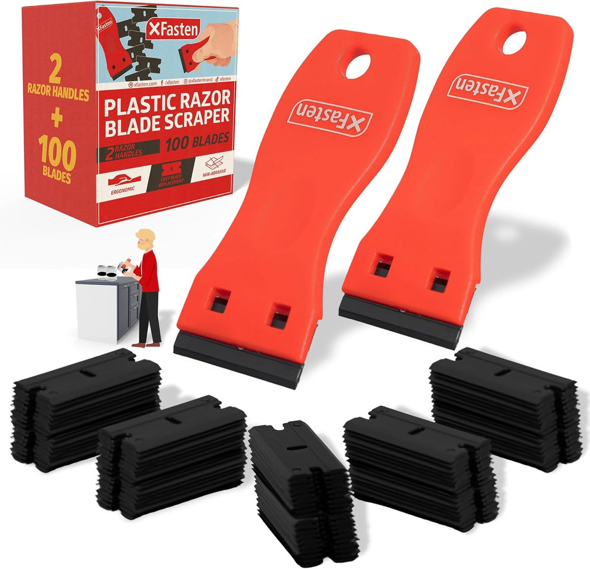 thumbnail image 2 of 2 Plastic Razor Scrapers + 20/100 Spare Blades – Sticker Removal Tool Kit 2 of 6