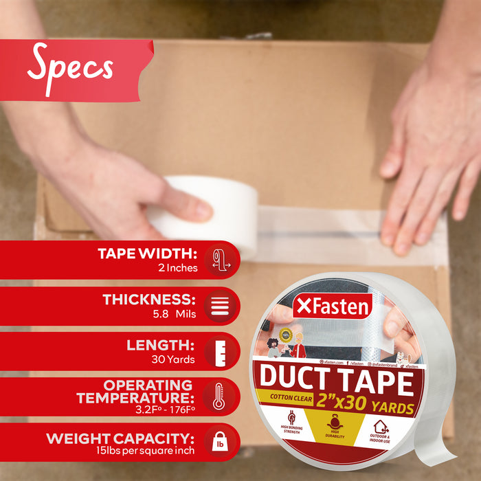 XFasten Duct Tape Clear Cotton Textile, 2-Inches x 30 Yards