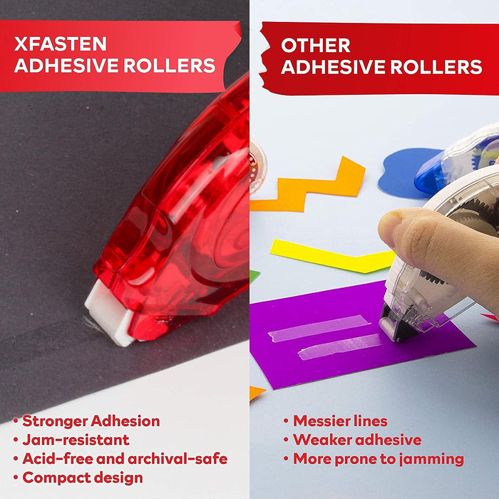 XFasten Double Sided Adhesive Roller | Multicolor | 0.3 Inch x 360 Inches | Clear | 12-Pack