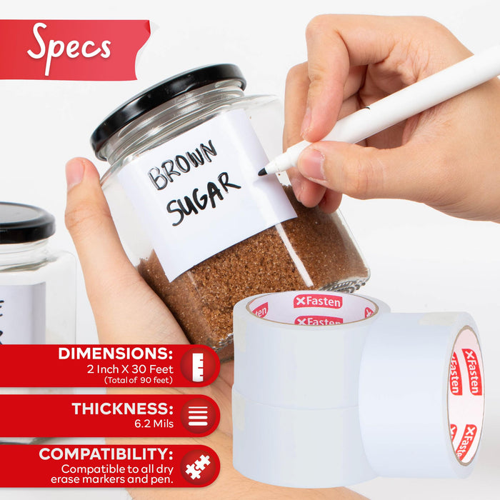 XFasten Dry Erase Tape White 2-Inch x 30-Feet (3-Pack 90 Feet Total) Zero Smudging Ghosting-Free Whiteboard Tape, Reusable Dry Erase Labels for Storage Bins, Sentence Strips for Teachers