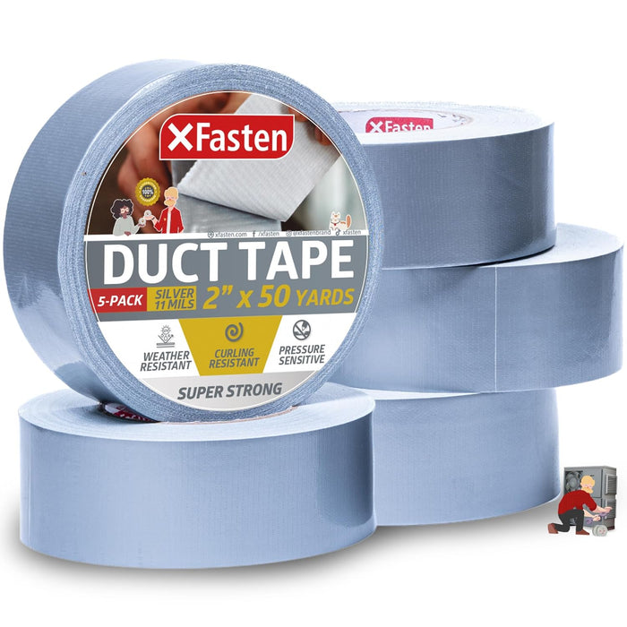 XFasten Silver Duct Tape Heavy Duty Waterproof 2 Inch x 50 Yards (5-Pack, 750ft Total) 11 mils Super Strong Grey Duct Tape Bulk for Outdoor Use, HVAC, Automobile, Indoor, Repair and Patching