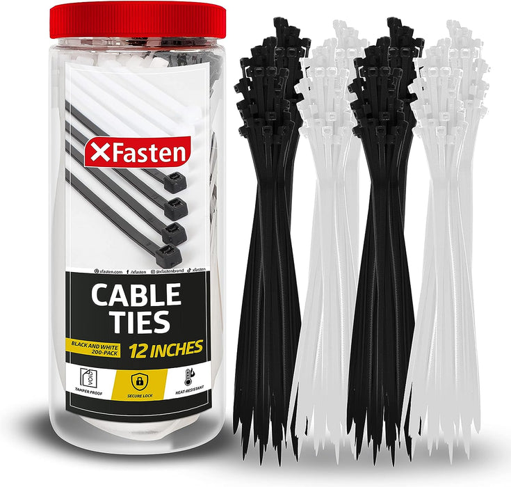 XFasten Cable Ties | Black and White | 12" | 200 Pieces