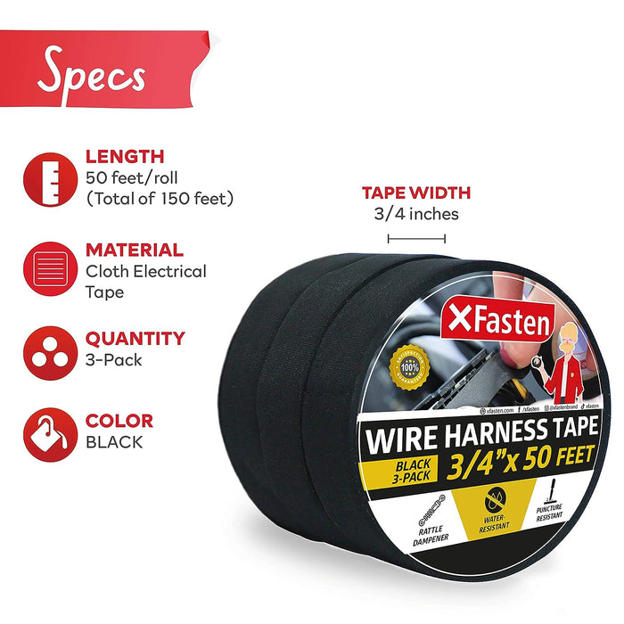 XFasten Wire Harness Tape, 3/4-Inch by 50-Foot (3-Pack)