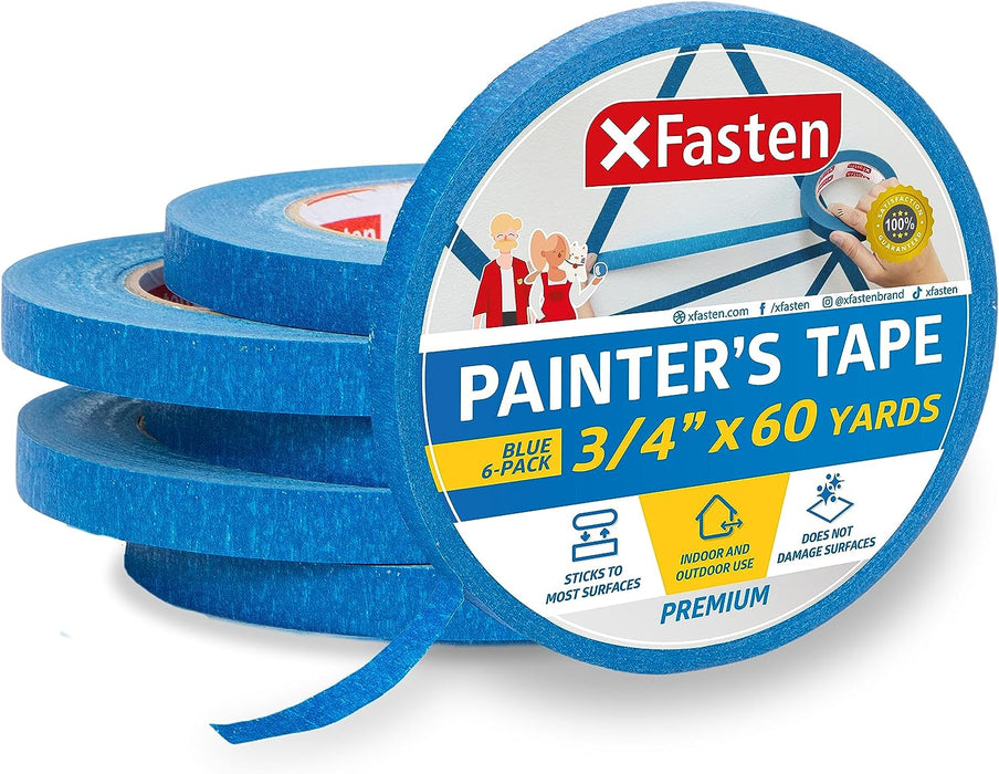 XFasten Professional Blue Painter's Tape | 3/4 Inch x 60 Yards | 6-Pack