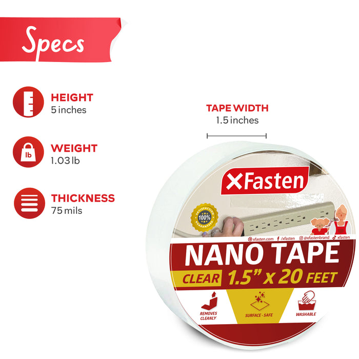XFasten Reusable Nano Tape | 1.5 Inch x 20 Feet | Clear