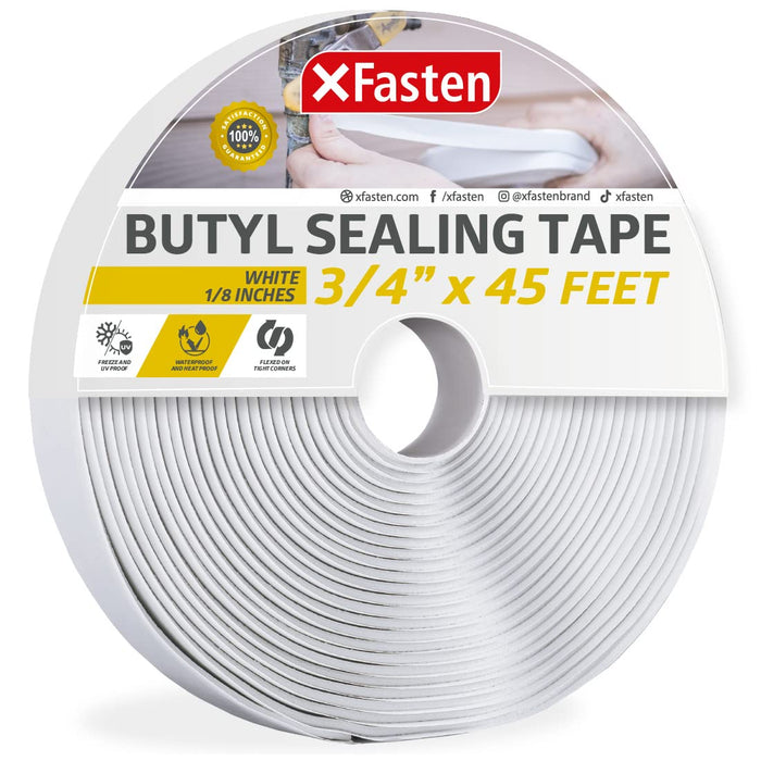 XFasten Butyl Seal Tape White - 1.5” Core 1/8" x 3/4'' x 45 Foot, EDPM Butyl Putty Tape, Sound Dampener Automotive Butyl Tape RV, Butyl Rubber Sealant, Waterproof Butyl Sealing Tape