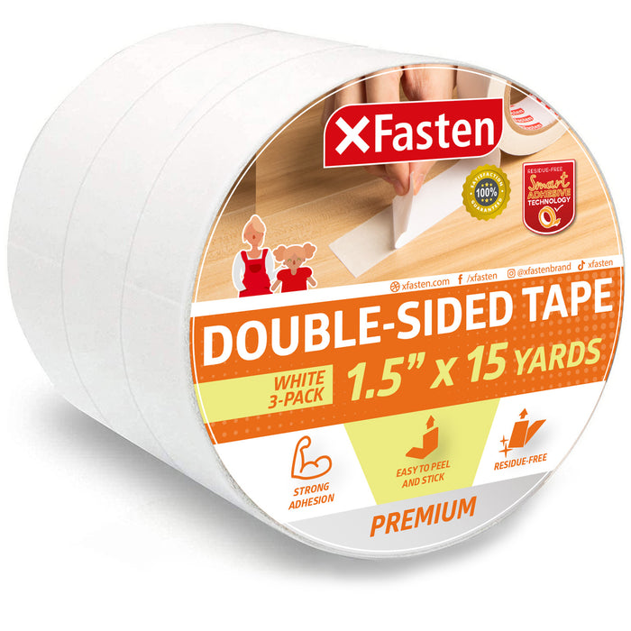 XFasten Double Sided Tape | 1.5 Inch x 15 Yards | White | 3-Pack