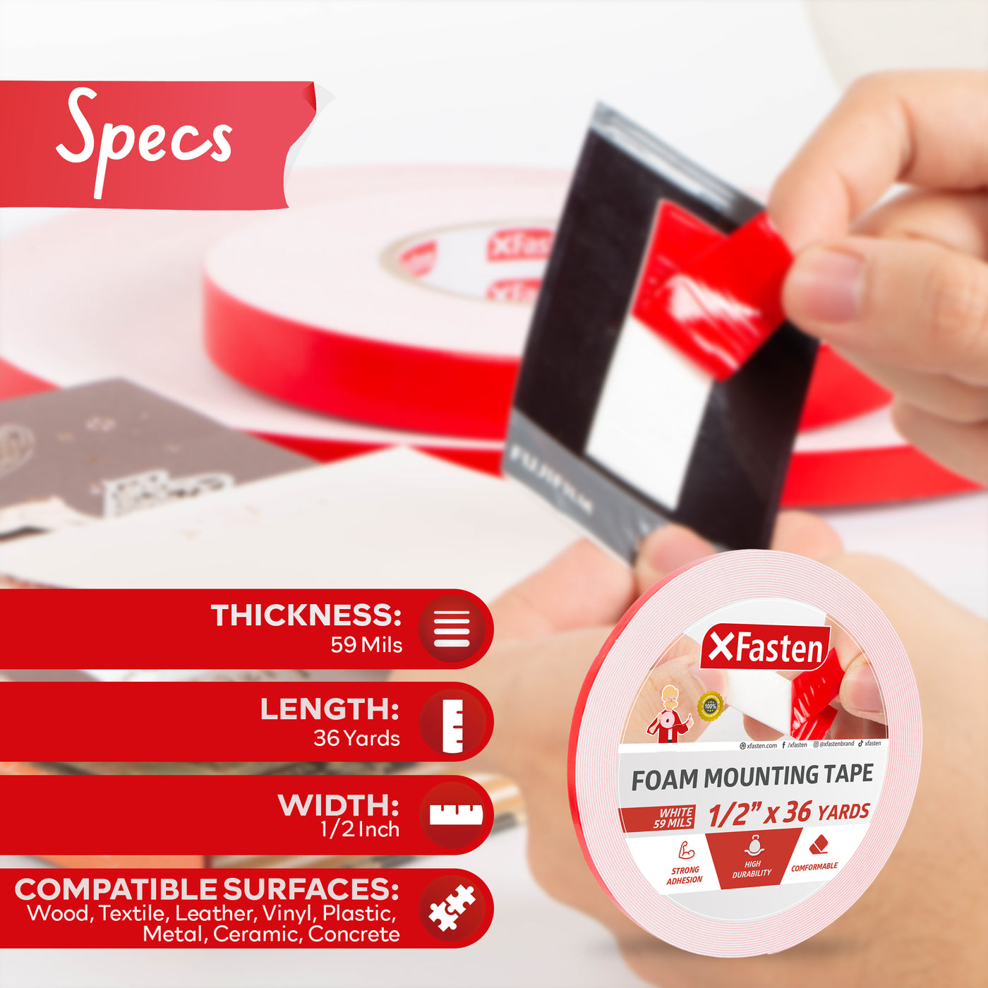 XFasten Foam Mounting Tape 1/2 Inch x 36 Yards