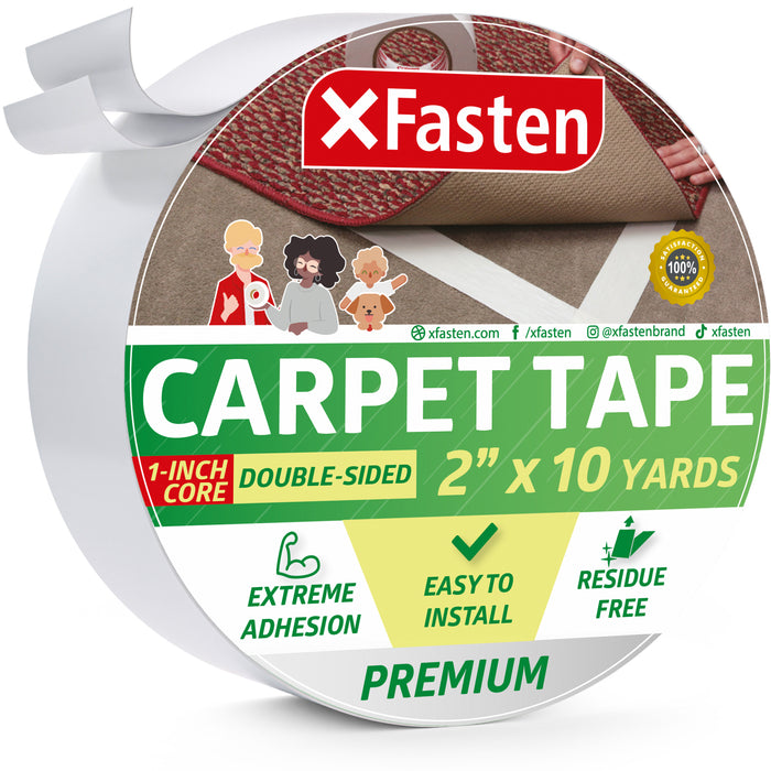 XFasten Double Sided Carpet Tape | 2 Inches x 10 Yards | 1" Core