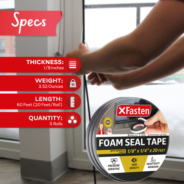 XFasten Foam Seal Tape | 1/8" Thick | 1/4 Inch x 20 Foot | 3-Pack | Black