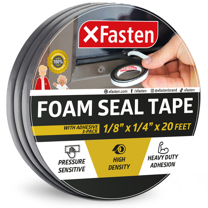 XFasten Foam Seal Tape | 1/8" Thick | 1/4 Inch x 20 Foot | 3-Pack | Black