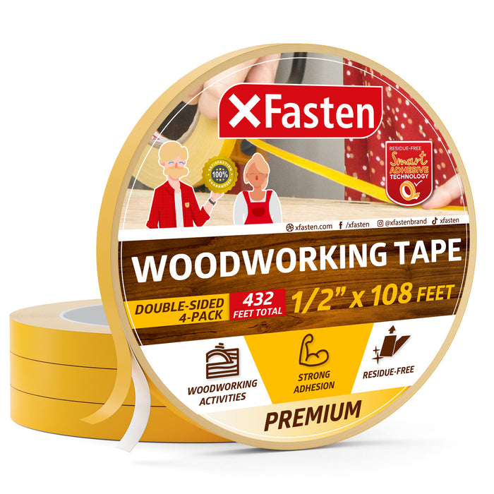 XFasten Double Sided Woodworking Tape | 1/2 Inch x 36 Yards | 4-Pack
