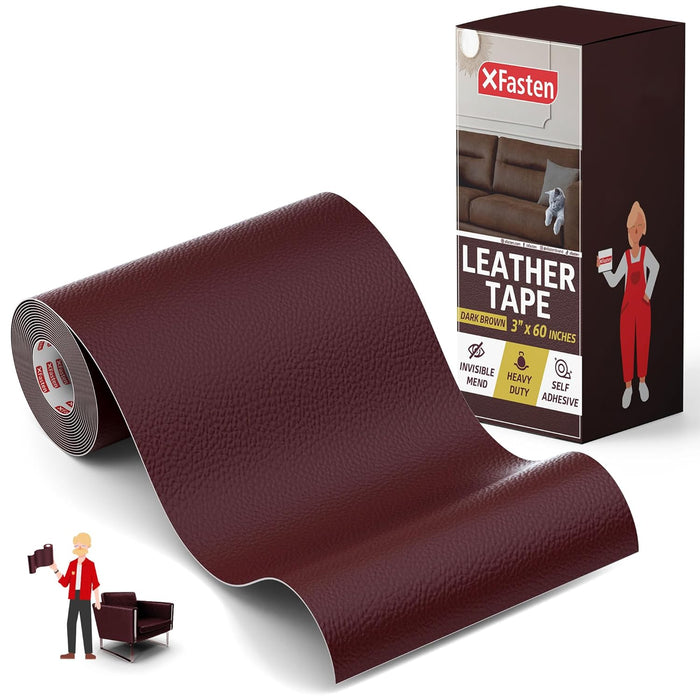 XFasten Leather Tape 3 x 60 inch Dark Brown Premium Color-Match Tech Leather Repair Kit for Car Seat Couch Furniture | Residue-Free Self Adhesive Leather Repair Patch for Furniture and Sofa