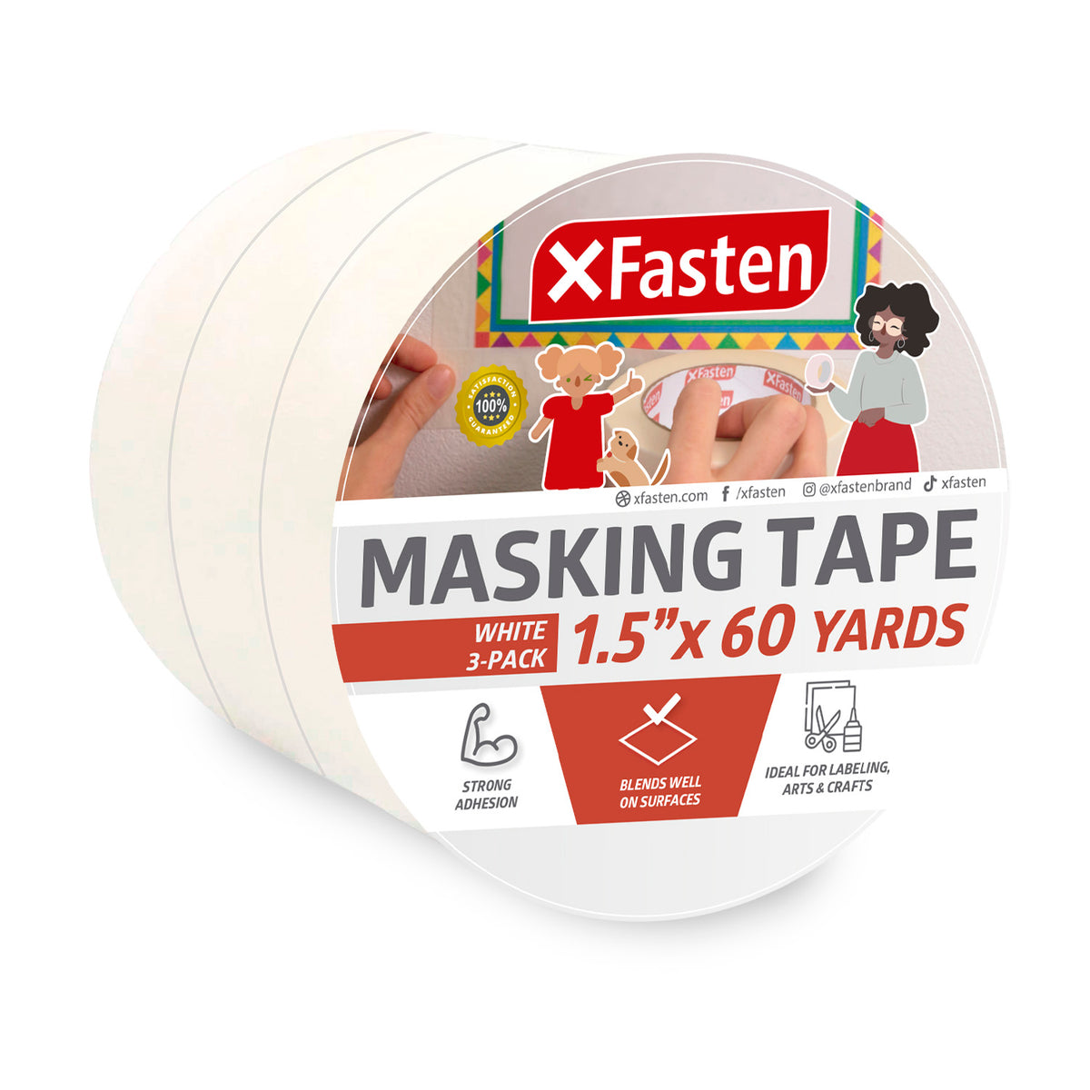 XFasten Double Sided Tape | 2 Inches x 30 Yards | Easy Tear | White