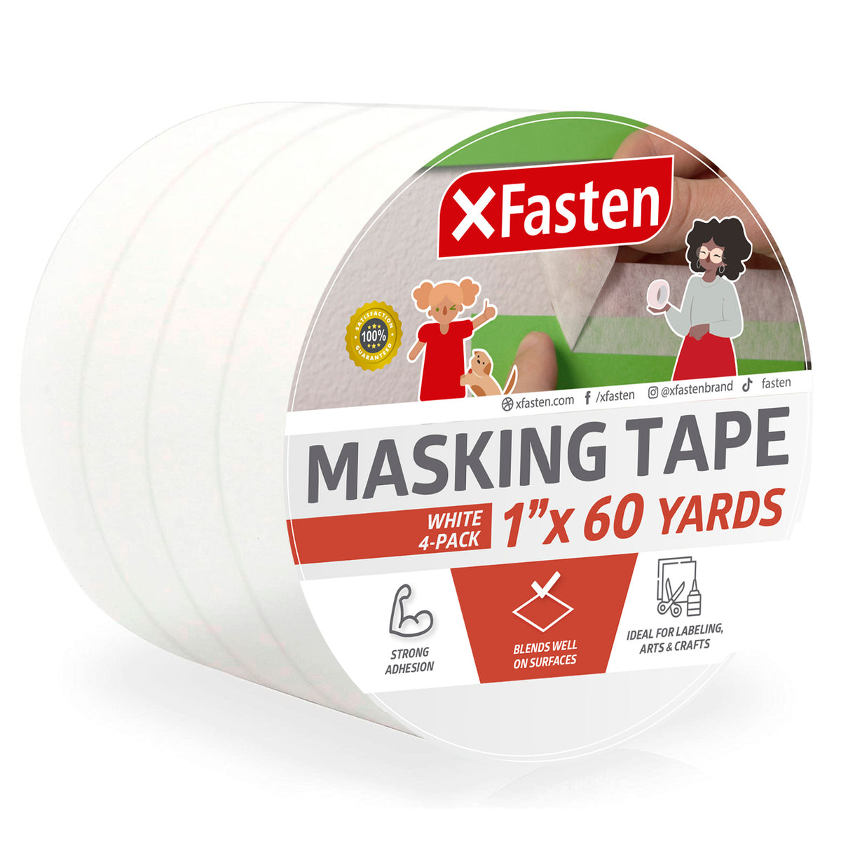 XFasten Masking Tape, White, Inches x 60 Yards, Pack of