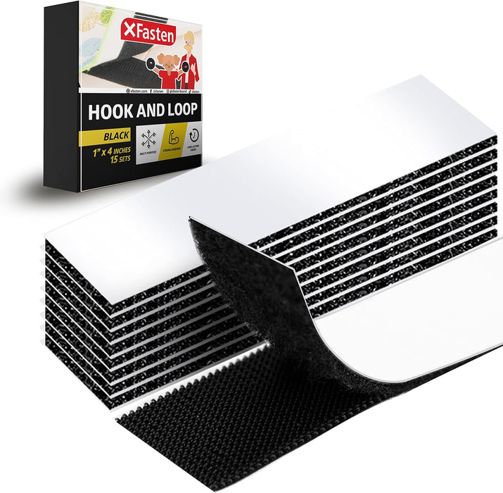 XFasten Hook and Loop Adhesive Strips - 1x4 Inch 15 Sets Wall Adhesive Strips Removable, Outdoor Cushion Fasteners, Heavy Duty Hook & Loop Tape Frame Adhesive Strips, Double Sided Hook and Loop Strips