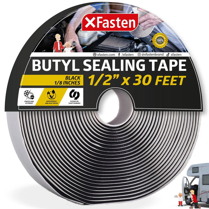 XFasten Butyl Tape Black 1/2” x 30’ x 1/8" Butyl Sealant Tape Headlight Sealant Putty Tape | Black Butyl Caulking Tape | Butyl Tape RV Putty Tape EPDM Automotive Butyl Rubber Window Sealant for RV