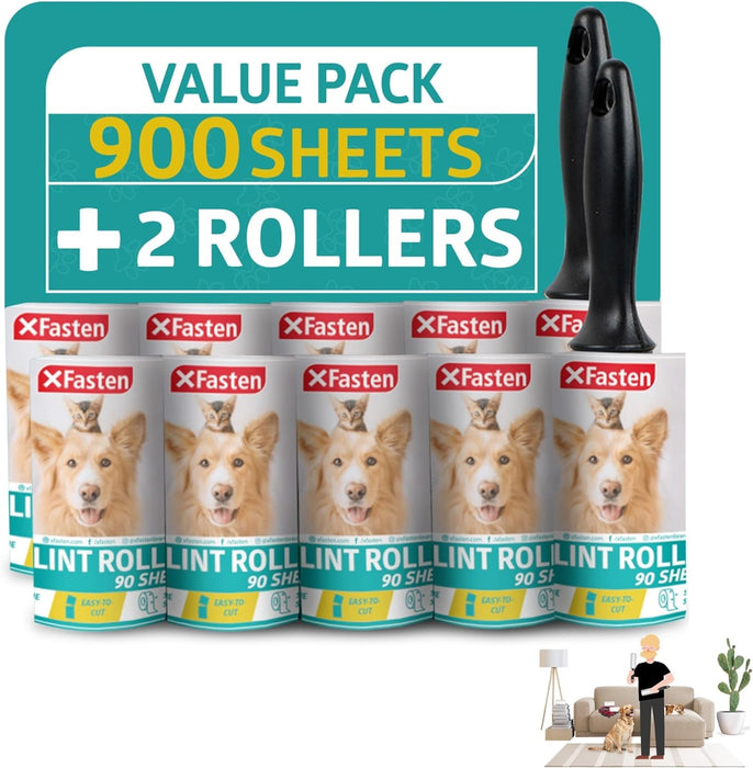 XFasten Lint Rollers for Pet Hair Extra Sticky (900 Sheets/10 Refills/2 Upgrade Handles) Heavy Duty Lint Roller for Pet Hair Clothes Portable Lint Remover Brush Pet Hair Remover for Dog Cat Furniture
