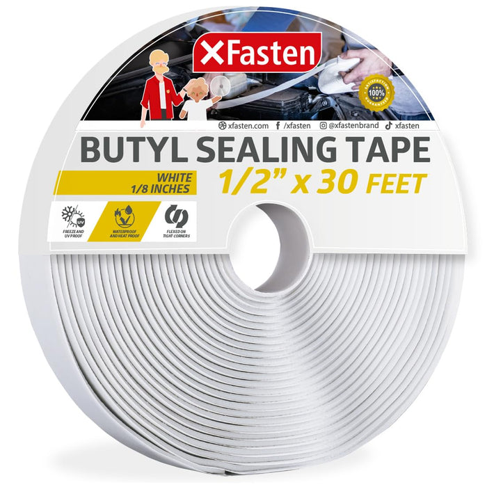 XFasten White Butyl Tape RV Tape 1/2” x 30’ 1/8” Butyl Marine Sealant Tape | Premium Window Glazing Putty Tape | Automotive Butyl Tape Window Sealant | EPDM Pool and RV Putty Tape | Butyl Rope Caulk