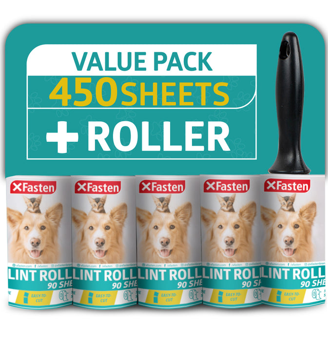 XFasten Pet Hair Lint Roller 1 Roller + 5 Refill Rolls (90 Sheets Each