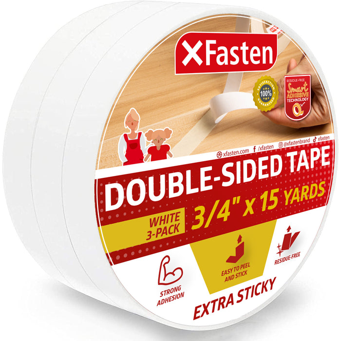 XFasten Extra Strength Double Sided Tape | 3/4 Inch x 15 Yards | 3-Pack