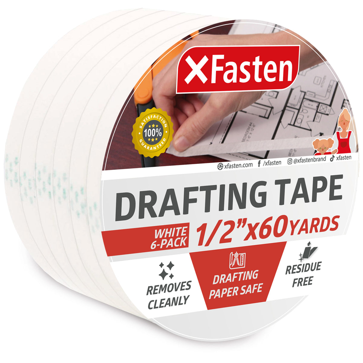 XFasten Double Sided Tape, White, Removable and Residue-Free, 2