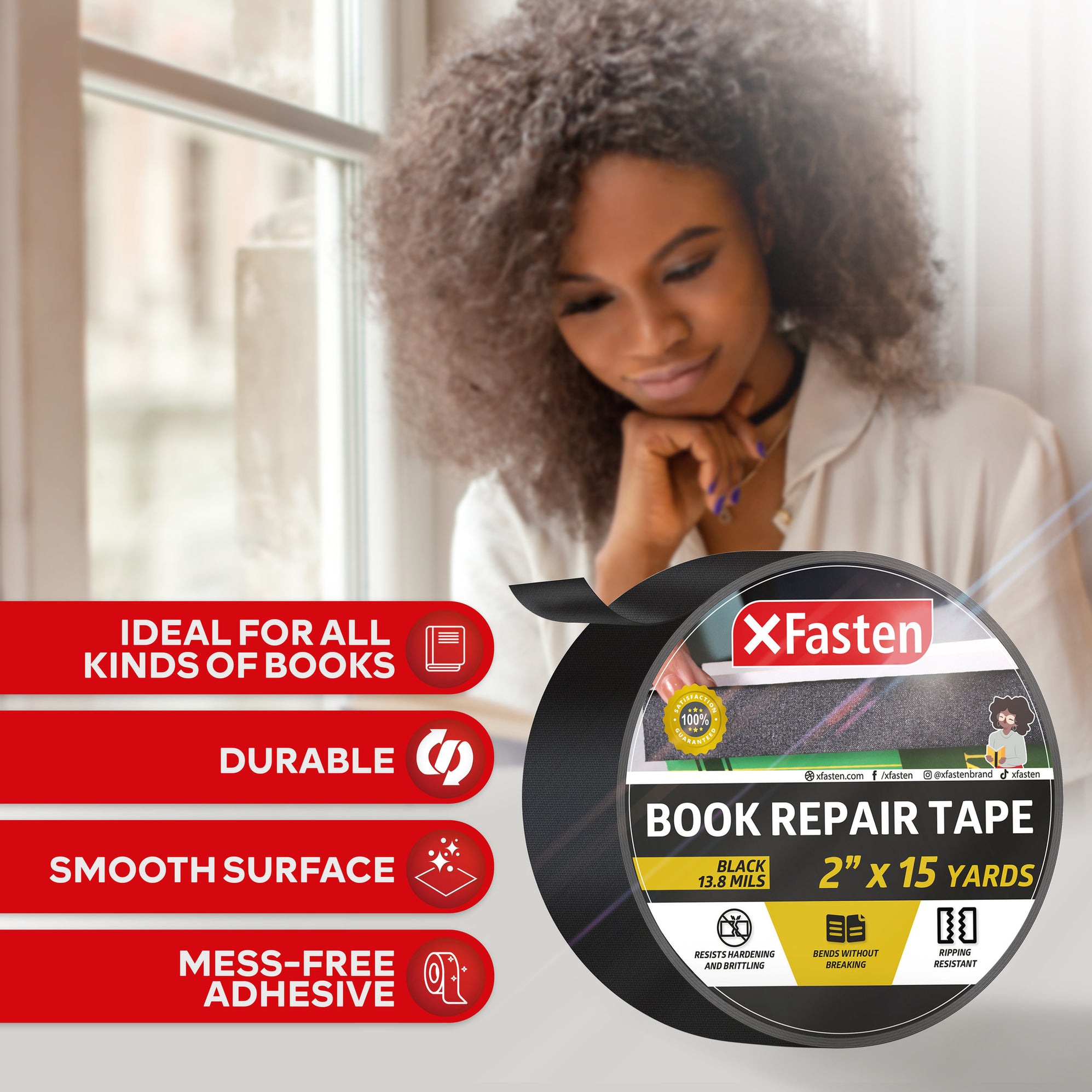 Fasten Book XFasten Book Binding Repair Tape, Black, 2-Inch by 15-Yard