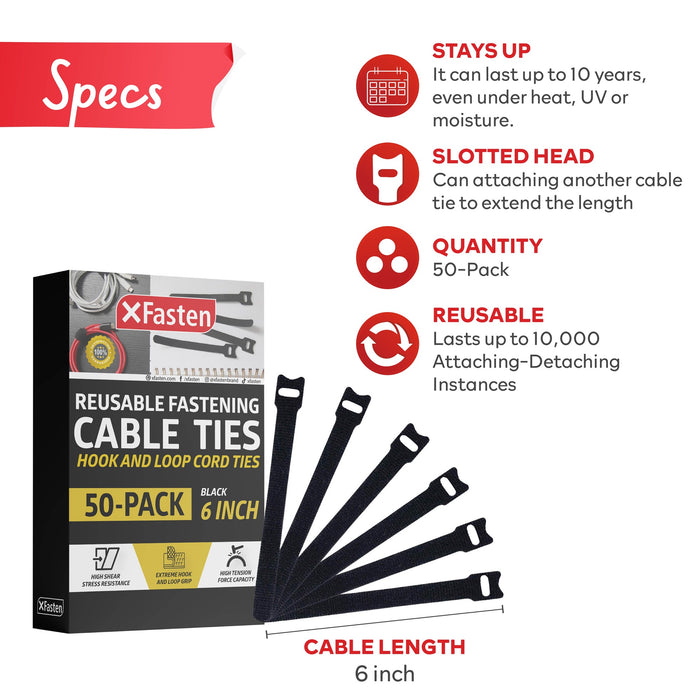 XFasten Cable Ties - 6 Inches Hook and Loop Fastening Zip Cord Ties Straps (50-Pack)