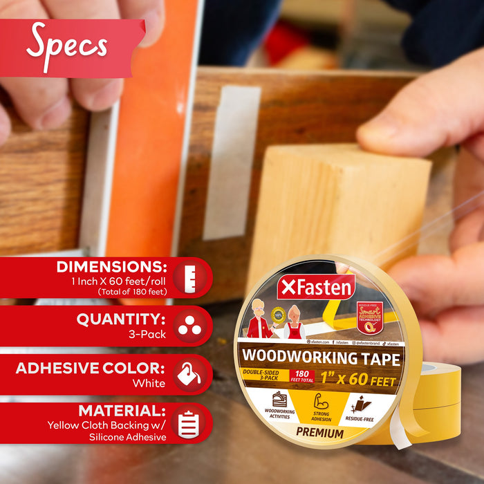 XFasten Double Sided Woodworking Tape | 1 Inch x 20 Yards | 3-Pack