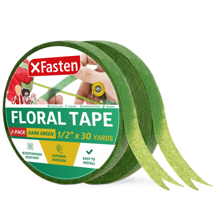 XFasten Wide Floral Tapes for Bouquet 1/2-Inch x 30 Yards - Dark Green (2-Pack)