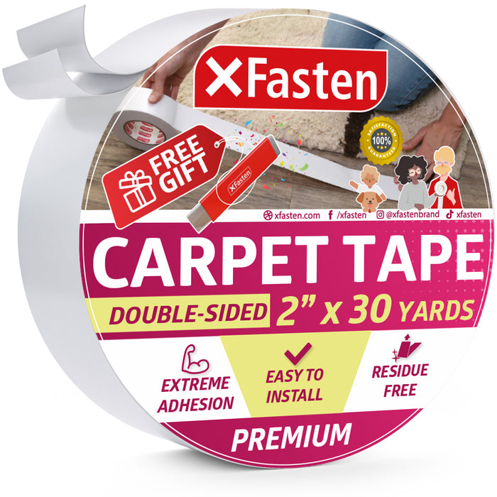 XFasten Double Sided Carpet Tape w/ 1 Unit Heavy-Duty Box Cutter | 2 Inches x 30 Yards