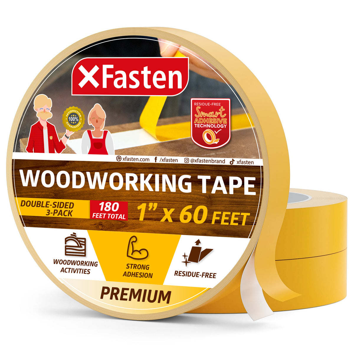 XFasten Double Sided Tape Woodworking Tape 1-Inch x 36-Yards, 6-Pack Double  S